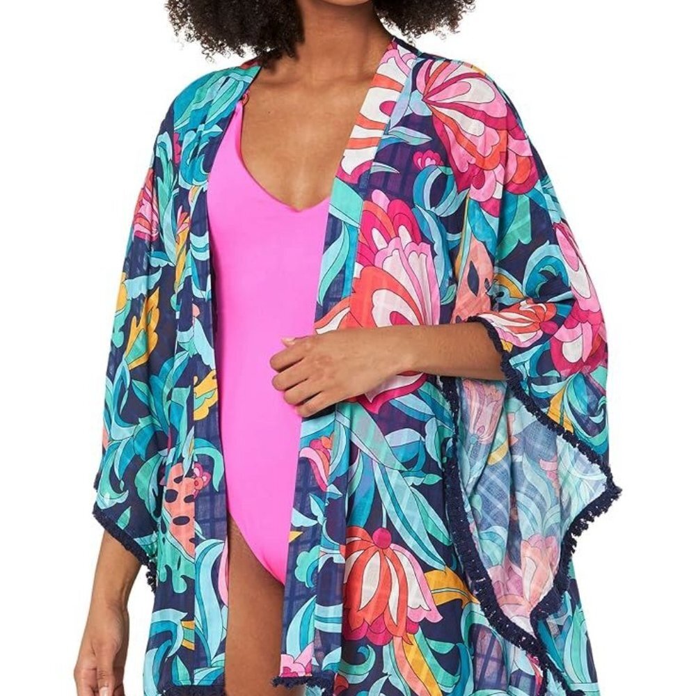 NWT Trina Turk Swim India Garden Fringe Open Front Kimono Cover Up One Size